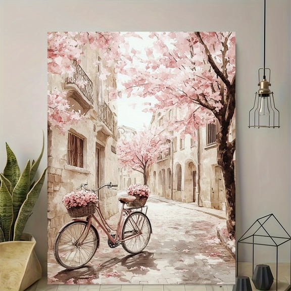 Topbout Art Pink Cherry Blossom Alley Bicycle Canvas Wall Art - Affordable Stylish Home Decor