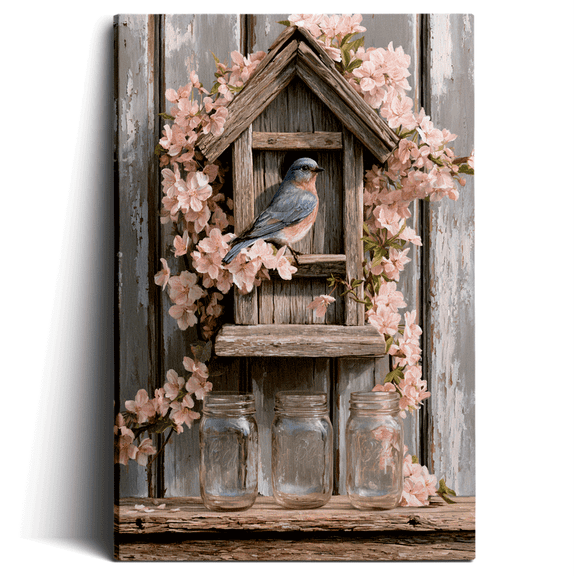 Topbout Art Rustic Farmhouse Nesting Bird Mason Jar Canvas Wall Art Hallway Sunroom Gallery Wrapped 12x 8 inch