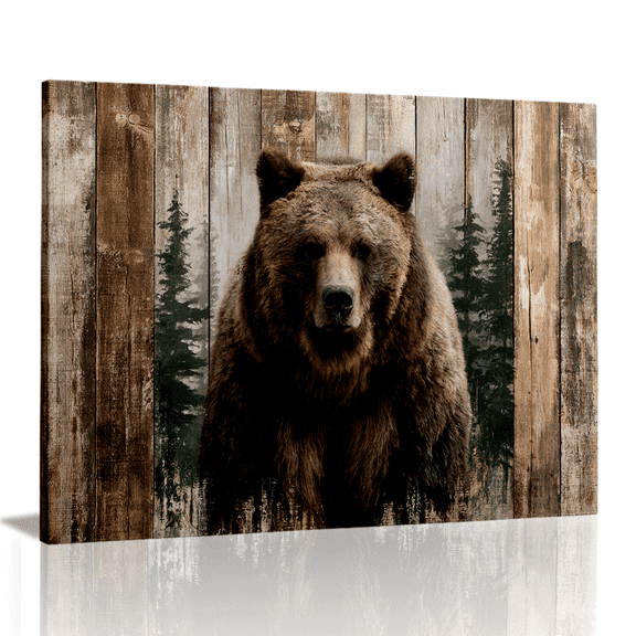 Topbout Art Rustic Grizzly Bear Wood Country Farmhouse Canvas Wall Art Gallery Wrapped for Living Room 12*8 inch