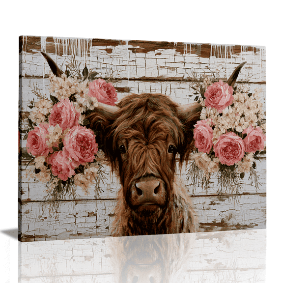 Topbout Art Rustic Highland Cow Canvas Wall Art, Shabby White Wood Pink Floral Crown Animalfor Bedroom Living Room 12*8 inch