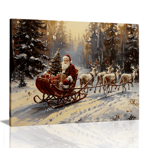 Topbout Art Santa Claus Reindeer Sleigh Country Farmhouse Canvas Wall Art Gallery Wrapped for Living Room 12x 8 inch