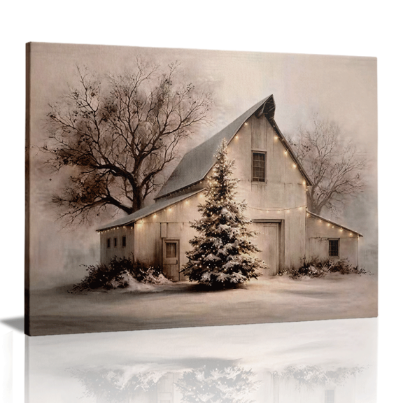 Topbout Art Snowy Winter Farmhouse Barn Pine Tree Rustic Canvas Wall Art Print Picture Artwork for Living Room Decor 12x 8 inch