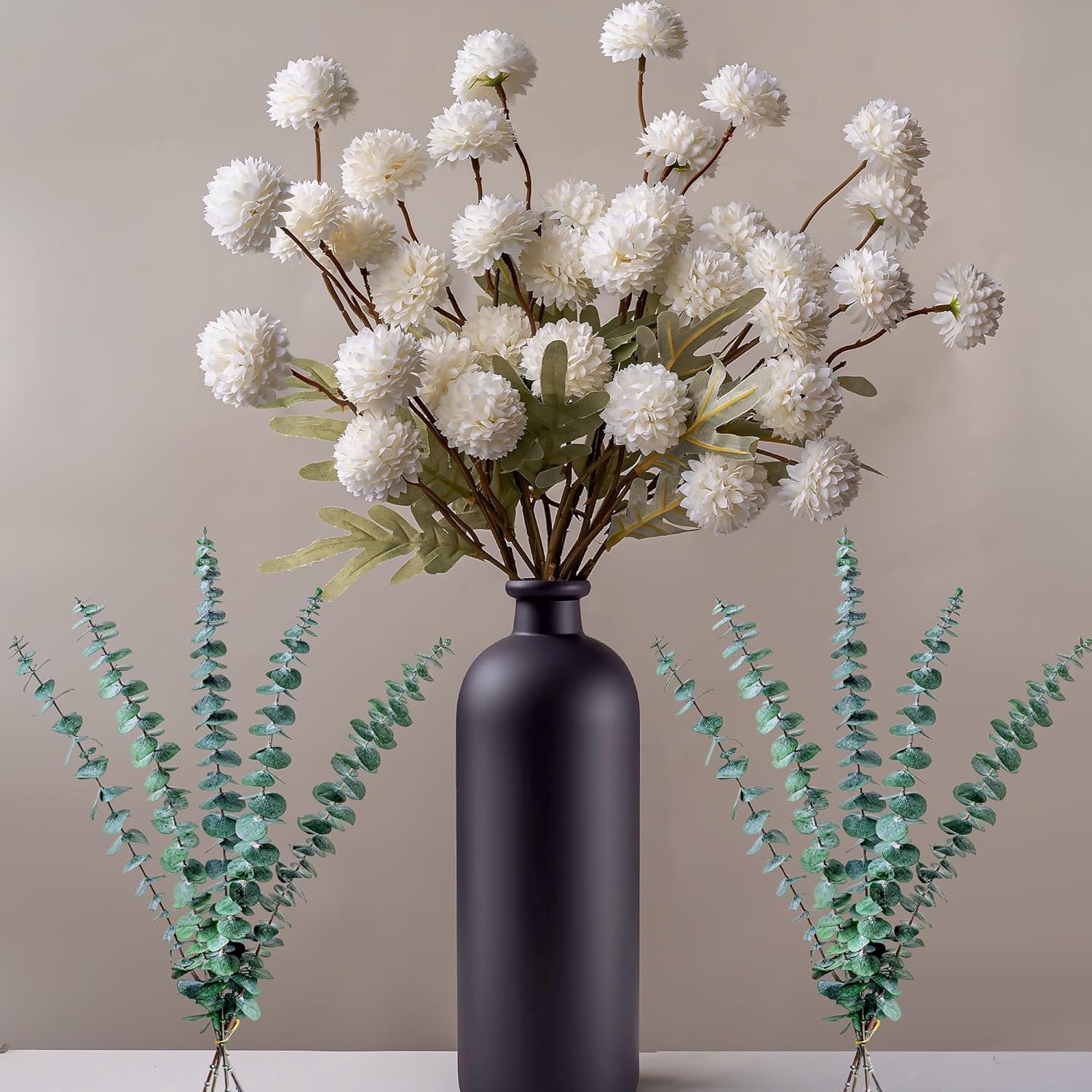 Topboutique 10 Pcs Dried Eucalyptus Stems with 6 Pcs Artificial Mum Flower White Faux Flowers Silk Pom Pom Balls Eucalyptus Leaves Stems Bulk for Wedding Vase Bouquet Spring Floral Arrangement