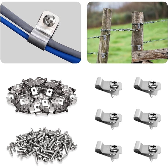 Topboutique 100 Pcs Fence Wire Clamps,Wire Fence Clips,Stainless Steel Agricultural Fencing Mounting Clips with 100 Pcs Screws for Securing Welded Wire to Wood, Metal Posts in Farms,Gardens,Ranches