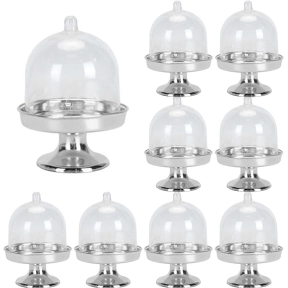 Topboutique 12 Pcs Mini Cake Stand with Lid Plastic Cupcake Display Plate with Dome Cover Dessert Container Chocolate Candy Case for Birthday Wedding Tea Party Supplies (Silver)