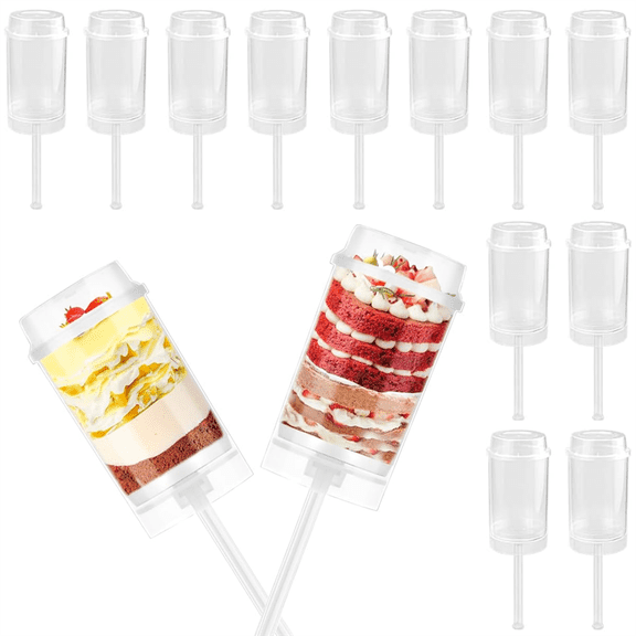 Topboutique 12 Pcs Round Push-up Cake Holders Clear Plastic Cake Shooter with Lids Unique Jelly Ice Cream Containers for Wedding Birthday Party