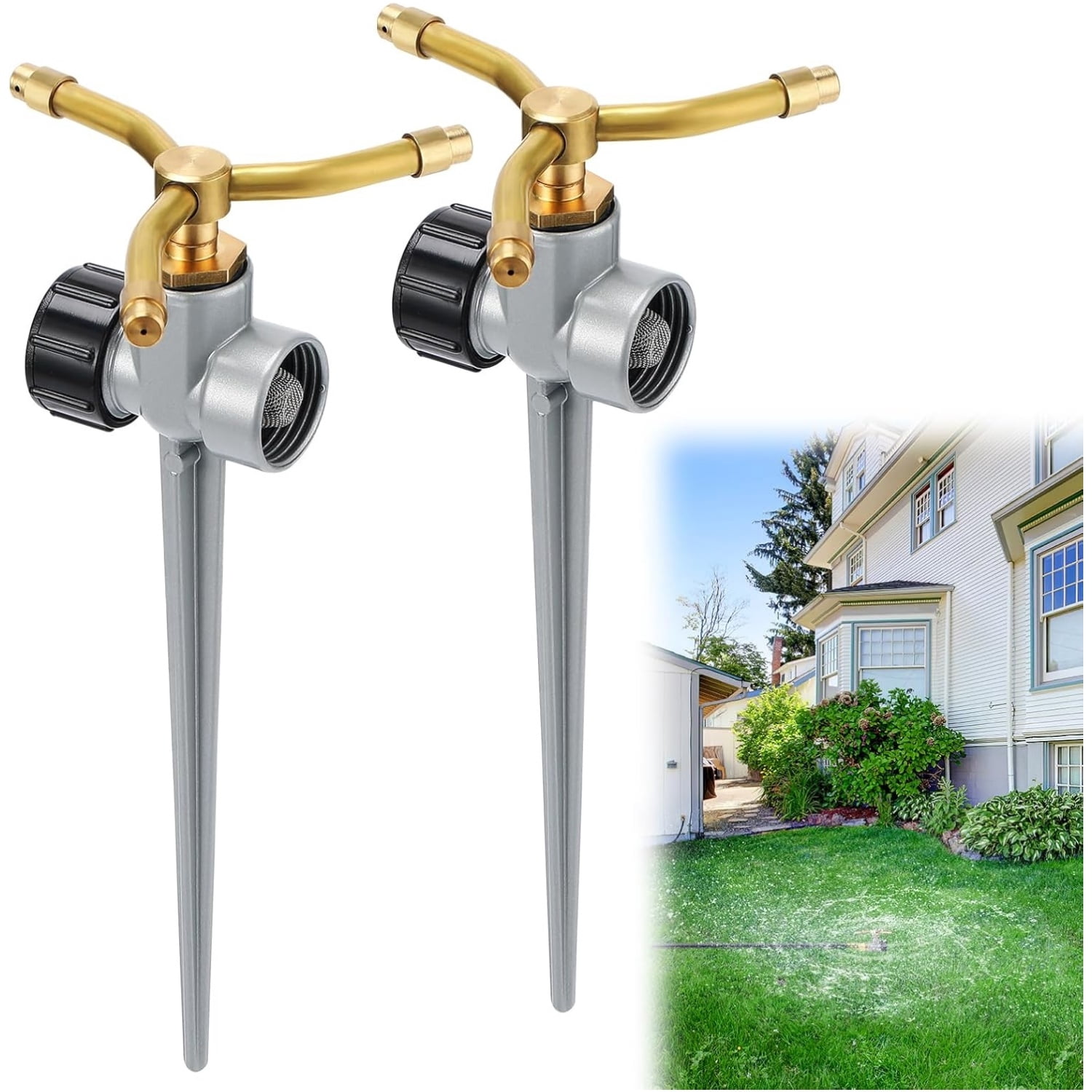 Topboutique 2 Pack Metal Lawn Sprinklers Water Sprinkler 3-Arm Water Sprinkler 360 Degree Rotating Lawn Sprinkler for Yard Automatic Rotary Sprayer Plant, Flower Bed and Patio