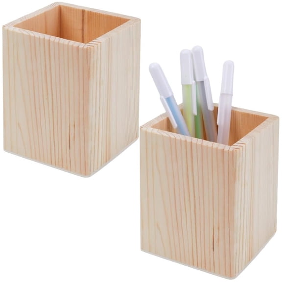 Topboutique 2 Pcs Wood Desk Pen Holder Multi Purpose Pencil Cup Square Desk Organizer Wooden DIY Pen Container for Office Home Homemade DIY Crafts (3"x3"x4")