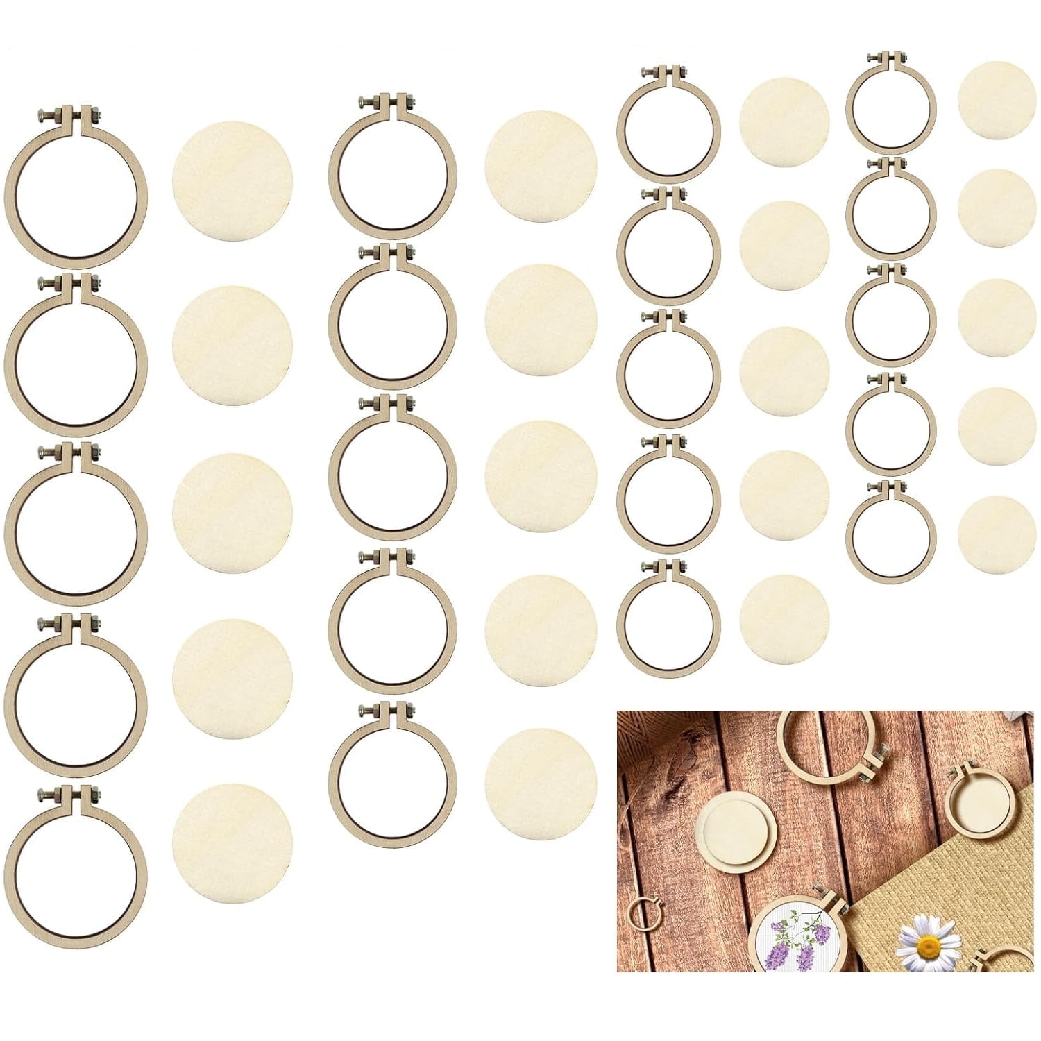 Topboutique 20 Pack Mini Embroidery Hoop 4 Sizes Tiny Cross Stitch Hoops Small Wooden Round Display Frame Ring Wood Ring Circle for Art Craft Sewing Keychain Earrings Jewelry Hanging Ornament