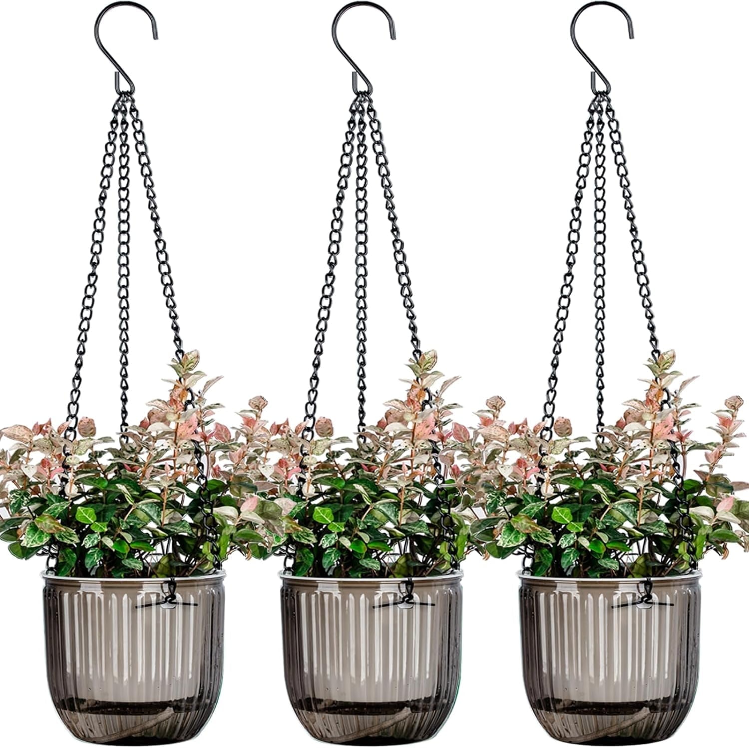 Topboutique 3 Pack 4.5 inch Self Watering Hanging Planter, Hanging Planters for Indoor Plants, Small Hanging Planter with 3 Hook Chains Drainage Holes for Garden Home(Gray)