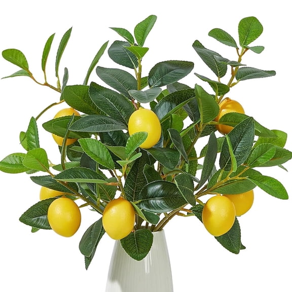 Topboutique 3 Pcs Artificial Lemons Tree Branches Faux Lemon Plant Realistic Lemon Branch Fake Greenery Stems Fake Fruit with Green Leaves Lifelike Lemon Decor Fake Lemons for Home Office Decor