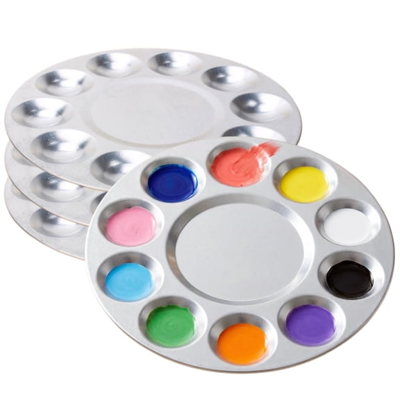 Topboutique 4 Pack Aluminum Paint Palettes 6.7" Round Paint Mixing Pallets 10-Well Painting Tray for Watercolor Acrylic Oil Art Project DIY Craft Supplies (Silver)
