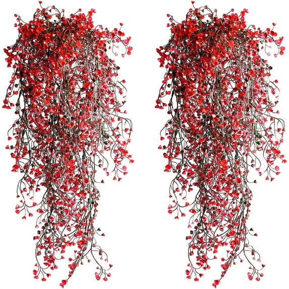 Topboutique 4 Pcs Fake Hanging Plants,Artificial Fall Flowers,Artificial Ferns,Faux Autumn Plants Fake Vines for Indoor Outdoor House Wedding Party Decor,Red