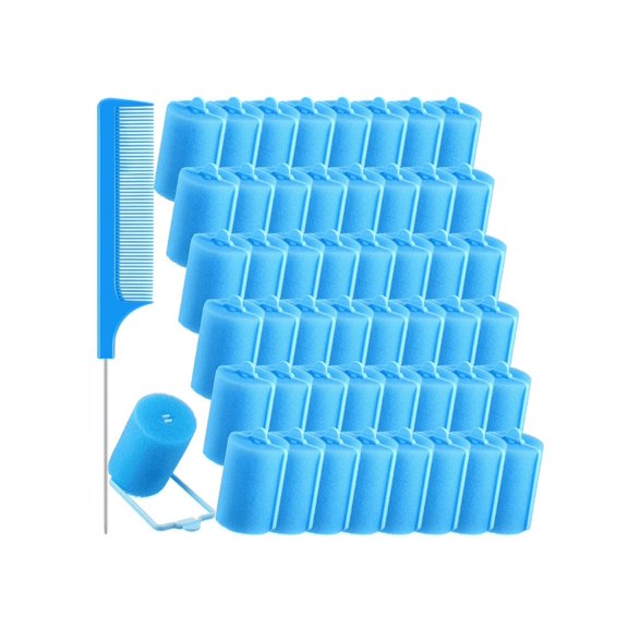 Topboutique 48 Pieces 3.6cm Foam Sponge Hair Rollers Sponge Border Curl Artifact Not Hurt Hairdressing Tools and Stainless Steel Rat Tail Comb (Blue,1.42Inch)