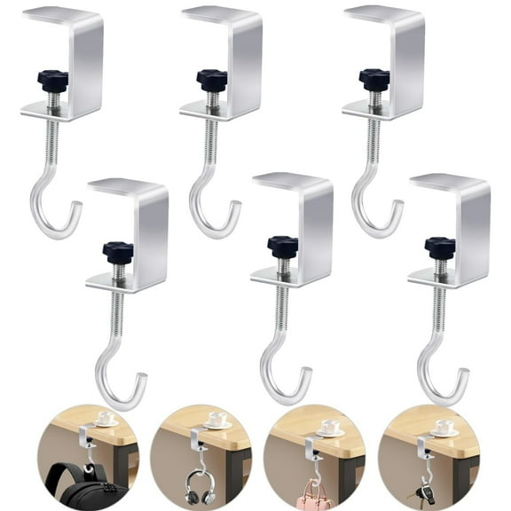 Topboutique 6 Pcs Desk Mount Bag Holder Hook,Clamp-On Under Desk Hooks,Adjustable Shelf Hook,Desk Hanging Bag Holder,Metal J Clamp Hooks,Backpack Hanger for Hanging Headphones Key Umbrellas,Silver