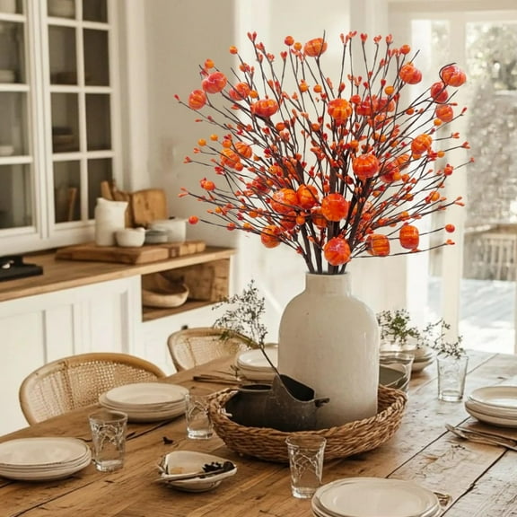 Topboutique 6 Pcs Fall Berry Stems,Orange Pumpkin Picks,17" Tall Artificial Autumn Orange Pumpkin Stems,Fall Branches Floral Arrangements for Farmhouse Fall Harvest Festival/Thanksgiving Day