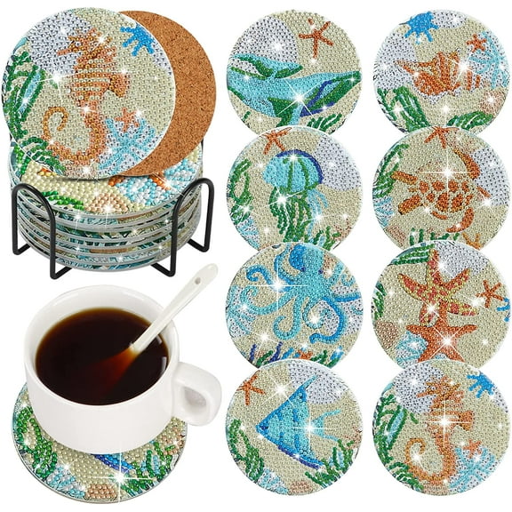 Topboutique 8Pcs Coasters for Drinks,Hot Pads for Kitchen,DIY Coaster Diamond Art Kits for Adults Kids Beginners Diamond Art Craft Supplies (Ocean)