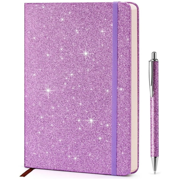 Topboutique A5 Lined Leather Journal Notebook,Hardcover Notebook with Pen,Glitter Notebook Bling Notebook, 200 Pages Thick Ruled Paper for Work Business Home Writing,Purple