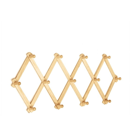 Topboutique Accordian Wall Hanger: Wooden Coat Rack Wall Mounted, Hat Racks for Baseball Caps, Mug Rack, 13 Peg Hooks, Natural