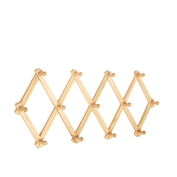 Topboutique Accordian Wall Hanger: Wooden Coat Rack Wall Mounted, Hat Racks for Baseball Caps, Mug Rack, 13 Peg Hooks, Natural