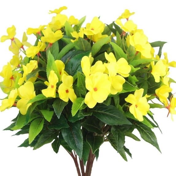 Topboutique Artificial Flower Impatiens 4 Pcs 7 Branches Silk Balsam Bouquet Flowers Fake Flowers Greenery for Balcony Garden Bonsai Decoration (Yellow)