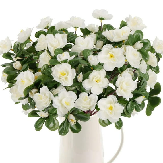 Topboutique Artificial Flowers 5 Bundles Fake Silk Rhododendron Faux Azalea Flower Fake Floral Bouquet UV Resistant Look Real Flower for Wedding Festival Porch Patio Balcony Decor,White