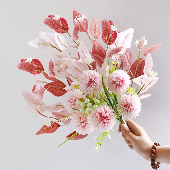 Topboutique Artificial Hydrangea Bouquet Faux Chrysanthemum Silk Flowers Silk Cloth Flower Bunch Flower Head Ball Floral Arrangements for Home Living Room Table Decor,Pink (Vase NOT Including)