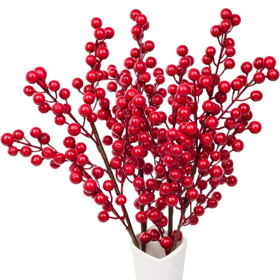 Topboutique Artificial Red Berry Stems Branches,5 Pcs Fake Berry Picks,Christmas Holly Berries,Faux Berries Stems for Christmas Tree Xmas Winter Holiday Home Decorations,26 inch