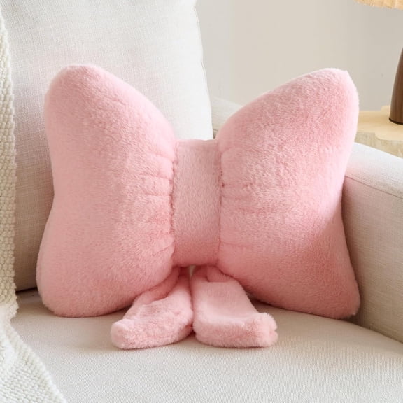 Topboutique Bow Pillow Soft Bowknot Lumbar Pillow Furry Pillows Cute Plush Pillow Decorative Stuffed Plush Throw Pillows Car Backrest Cushion for Bedroom Sofa Couch Home Christmas Decor Pink