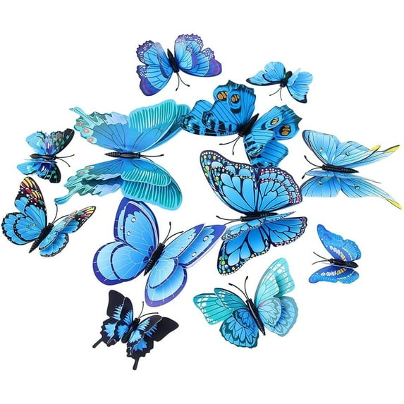 Topboutique Butterfly Wall Decor 24 Pcs 3D Butterfly Decoration Removable Butterfly Stickers Butterflies Decals for Birthday Party Decorations Kids Bedroom Butterfly Stickers Magnets Blue