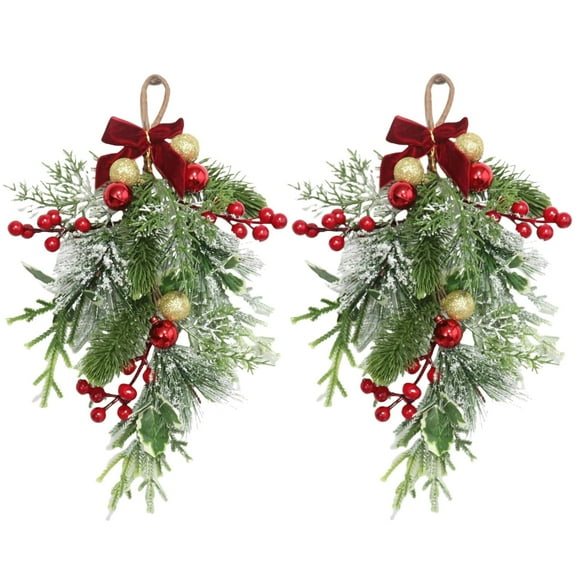 Topboutique Christmas Swag Decorative Teardrop Swag 2 Pcs Christmas Wreath with Bowknot Artificial Christmas Pine Branch Swag with Berries and Balls for Front Door Farmhouse Home Wall Hanging Decor