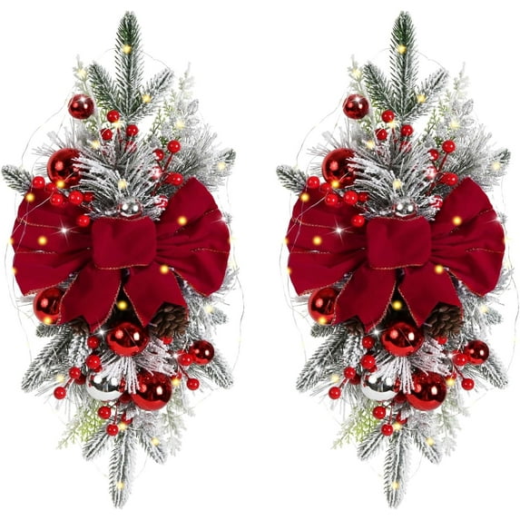Topboutique Christmas Teardrop Swag 2 Pcs,Stair Swags Wreath,Xmas Light up Garland Pine Ornament,Artificial Christmas Wreaths for Xmas Wall Window Indoor Outdoor Decoration