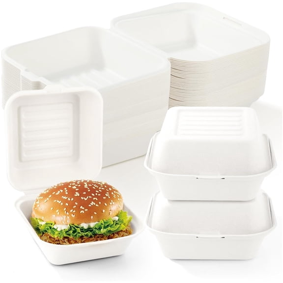 Topboutique Clamshell Food Containers with Lids 20 Pcs 4x4 inch Disposable To-Go Boxes, Compostable Bagasse Bento Box for Sandwiches, Hamburgers, Snacks & Bento Meals, White