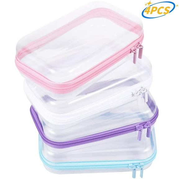 Topboutique Clear Hard Zipper Case,4 Pcs Hard Shell Zipper Case,Hard Plastic Zipper Pouches Makeup Bag,Pencil Pouches,Small Transparent Cases for Snacks, Makeup, Puzzles, Cosmetics,Multicolor
