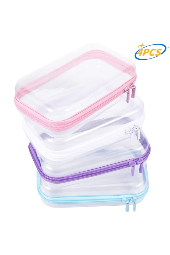 Clear Hard Zipper Case,4 Pcs Hard Shell Zipper Case,Hard Plastic Zipper Pouches Makeup Bag,Pencil Pouches,Small Transparent Cases for Snacks, Makeup, Puzzles, Cosmetics,Multicolor