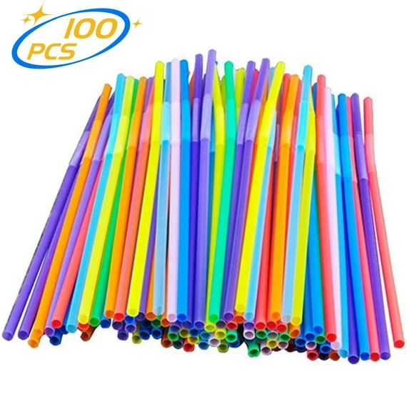 Colorful Extra Long Flexible Drinking Straws Bendy Disposable Plastic Drinking Straws 100 Pack 10.2 inch Tall