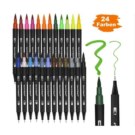 Topboutique Colouring Pens, 24 Colours Felt Tip Pens Double Brush Pens Art Marker Pens for Colouring, Hand Lettering Drawing Sketching Painting Calligraphy Brush Tips and Fineliner Tips