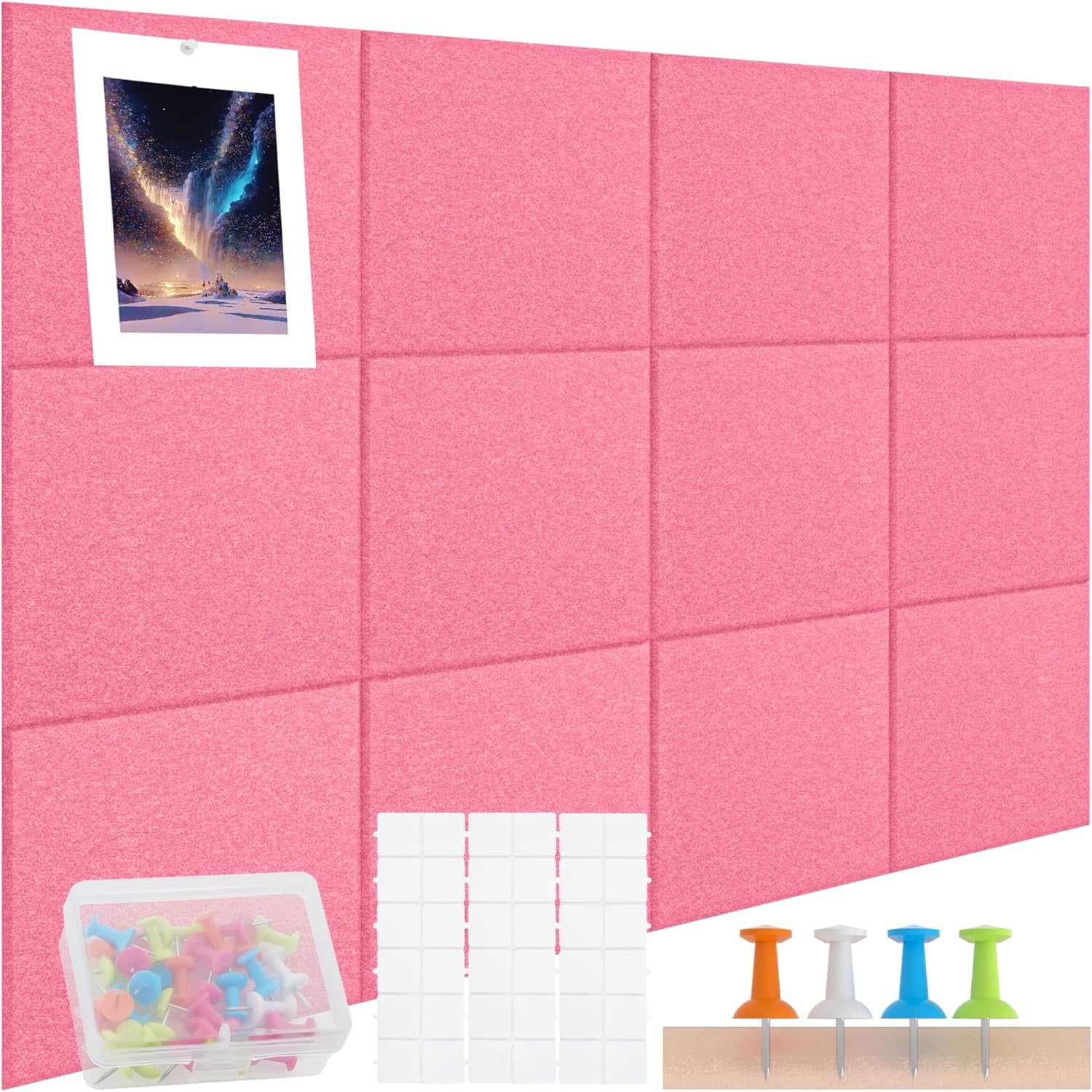 Topboutique Cork Board Alternative 12 Pack 12*12 inch Felt Bulletin Board Felt Wall Tiles Wall Organization Panels Pin Board Tack Board with Self Adhesive Stickers & Pushpins-Safe Removable-Peachblow