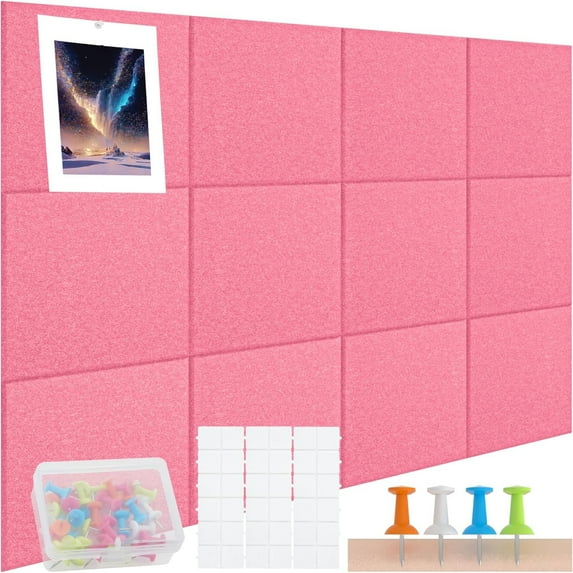 Topboutique Cork Board Alternative 12 Pack 12*12 inch Felt Bulletin Board Felt Wall Tiles Wall Organization Panels Pin Board Tack Board with Self Adhesive Stickers & Pushpins-Safe Removable-Peachblow