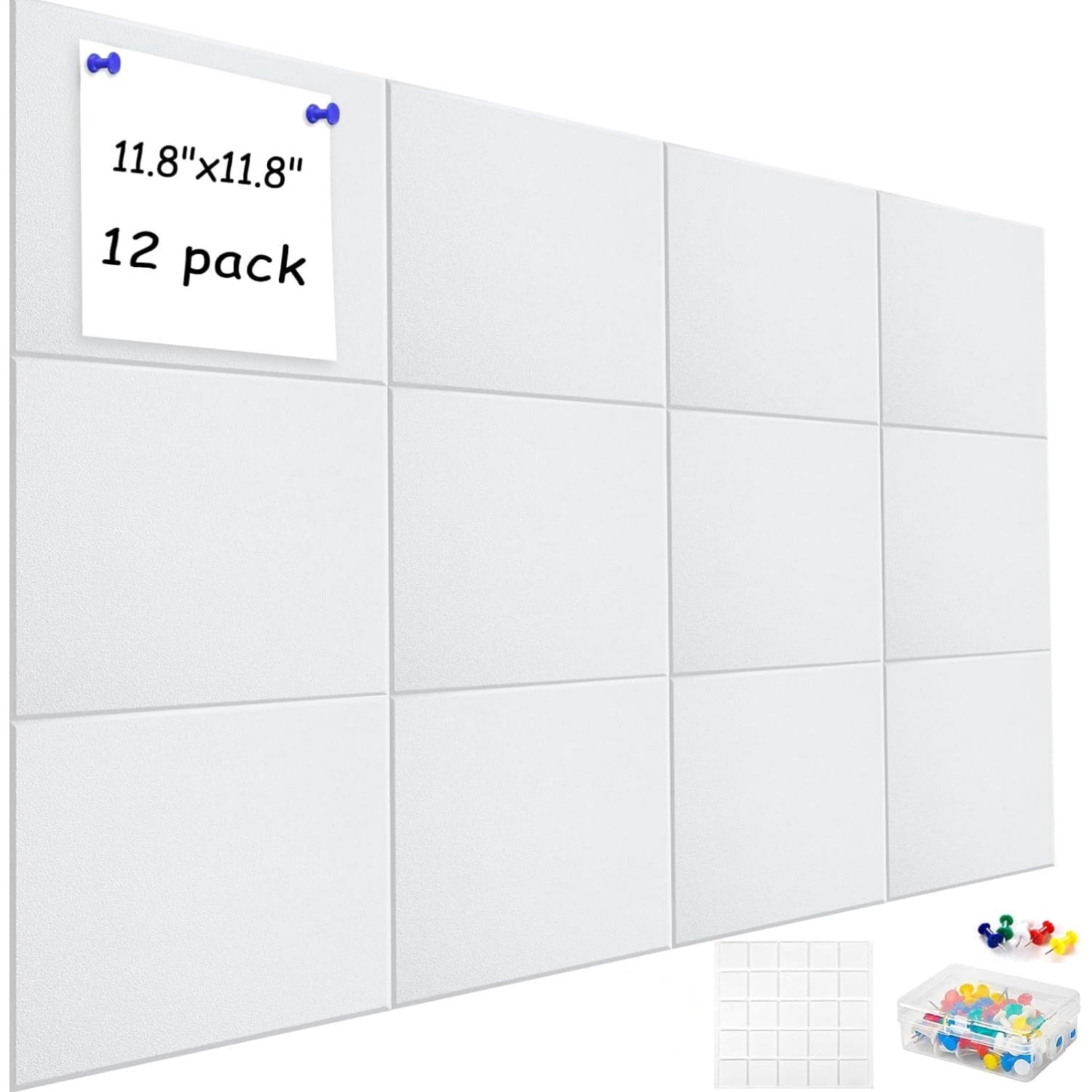 12 Pack Large Felt Wall Tiles 11.8x11.8 Inch - Black Bulletin Board Alternative With Adhesive Tabs