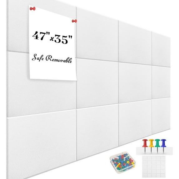 Topboutique Cork Boards for Walls 12 Pack Large Black Bulletin Board 12" x 12" Felt Wall Tiles Felt Wall Tiles with Push Pins Pin Board Cork Boards Tack Board Notice Boards for Office Home-White