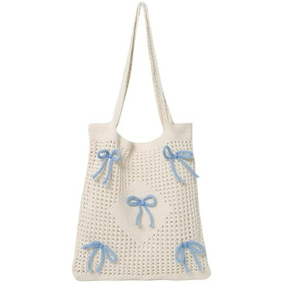 Topboutique Crochet Beach Tote Bag Bows Crochet Shoulder Handbag Mesh Knitted Handbag Boho Tote Knit Bags Knitted Hollow Bags Woven Travel Bag for Women,1 Pc, Blue
