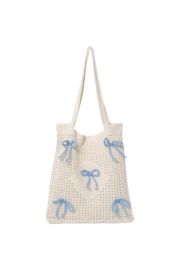 Crochet Beach Tote Bag Bows Crochet Shoulder Handbag Mesh Knitted Handbag Boho Tote Knit Bags Knitted Hollow Bags Woven Travel Bag for Women,1 Pc, Blue