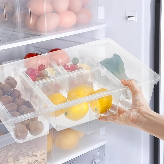 Topboutique Divided Veggie Tray with Lid,1 Pc Clear Snack Containers for Fridge 5 Compartment Vegetable Box Container Clear Plastic Food Storage Containers Refrigerator Organizer Bins for Fruit Meat