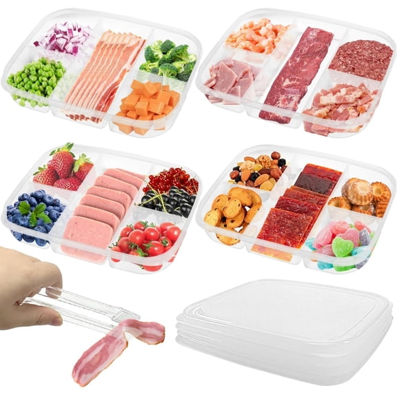 Topboutique Divided Veggie Tray with Lid,4 Pcs Snackle Box Container,5 Compartment Clear Refrigerator Organizer Bins,Reusable Plastic Food Storage Containers for Vegetable,Fruit,Snack,Salad,Meat
