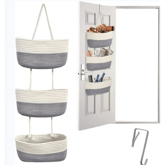 Topboutique Over the Door Hanging Basket, Wall Hanging Basket for Storage, 3-Tier Cotton Woven Organizer for Bathroom, Bedroom, Living Room, Kitchen, Door Organizer Hanging (Grey&White)