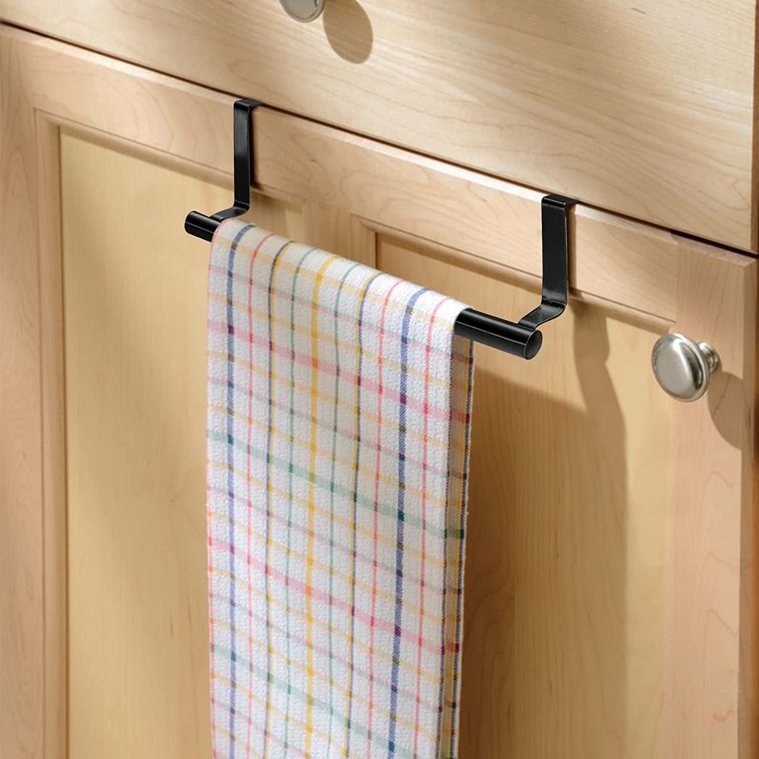 Topboutique Over Door Towel Rail, 1 Pack Kitchen Towel Holder for Cupboard Drawer Cabinet, No Drilling Tea Towel Rail Matte Black for Universal Fit on Kitchen Bathroom Over Cabinet Cupboard