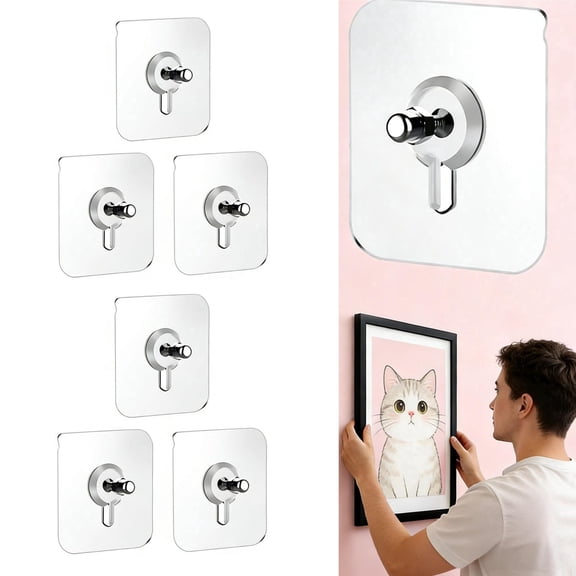 Topboutique Drill Free Adhesive Hooks, Picture Hangers Without Nails,No Trace Screw Sticker, Adhesive Wall Mount Screw Hooks, No Nail Wall Screw Hook for Bathroom Kitchen (6 Pcs, 2.36*2.36 inches)