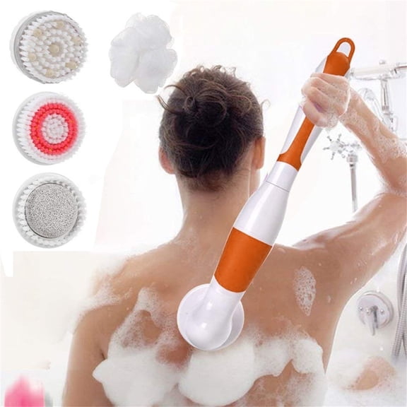 Topboutique Electric Spa Massage Brush,Electric Body Brush for Exfoliating and Massage,Long Handle Electric Bath Brush 4 Rotating Brush Heads,Shower Body Cleansing Brush Kit for Man and Women,Orange