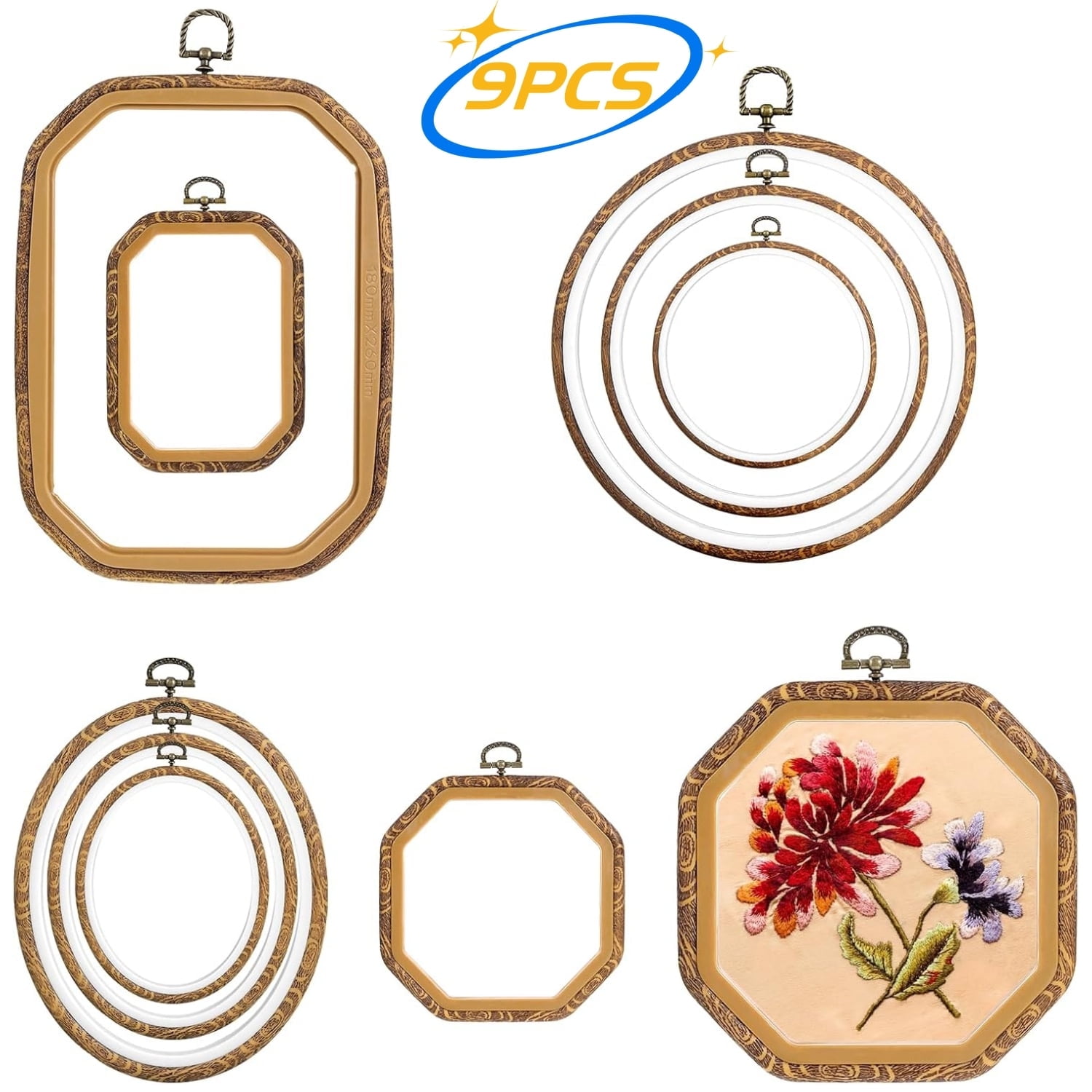 Topboutique Embroidery Hoop Cross Stitch Frames Imitated Wood Display Frame Wooden Embroidery Hoops Cross Stitch Ring Set for Sewing Home Decor and Embroidery,9 Pcs Circle/Oval/Rectangle/Octagonal